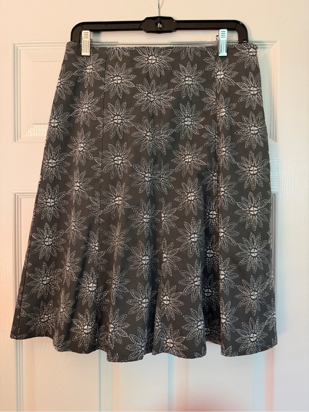 Grey Floral A-Line Skirt with White Silver Metallic Daisy Motif